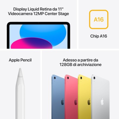 Apple iPad con chip A16: display Liquid Retina da 11'', 128 GB, Wi Fi 6, fotocamera frontale e posteriore da 12MP, Touch ID